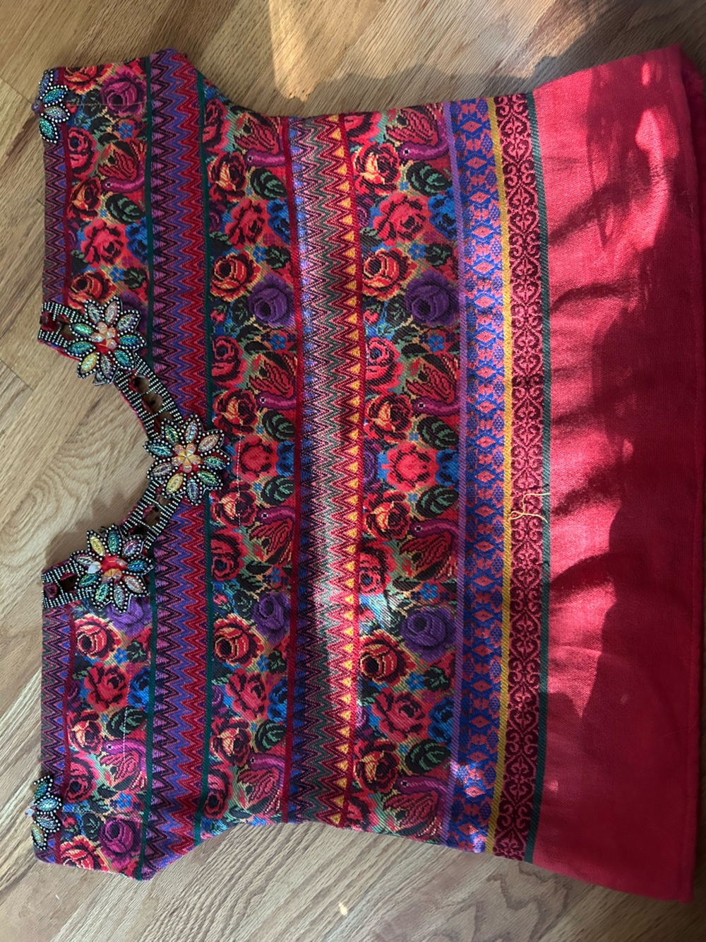 Women’s Embroidered Red Floral Skirt with Beaded Detail
